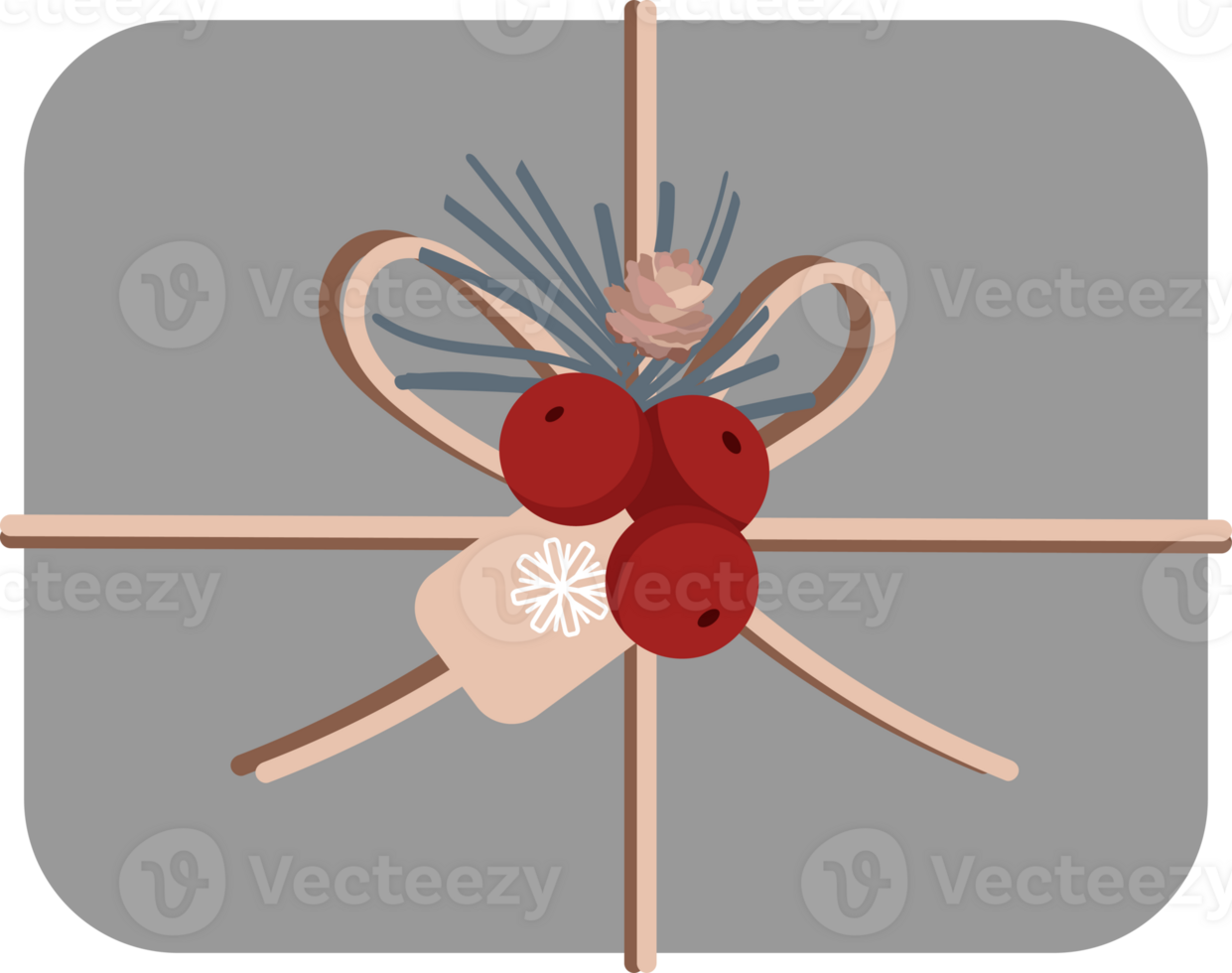 Natale grigio regalo scatola superiore Visualizza. Fai da te presente scatola con etichetta, fiocco di neve, rosso bacca, pigna, spago arco e abete ramoscelli. colorato piatto vettore illustrazione. png, trasparenza. png