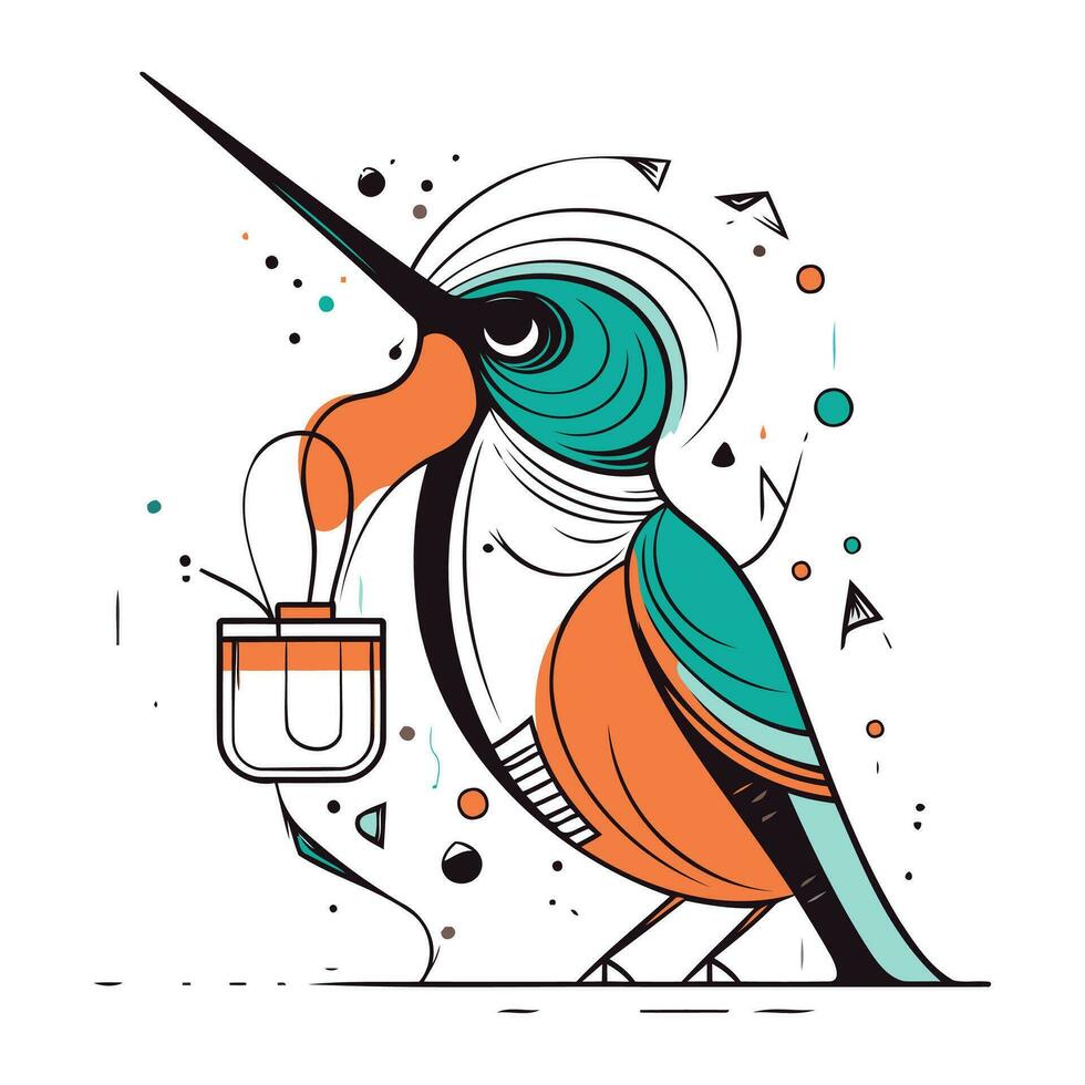 Colorful vector illustration of a bird with a microphone on a white background.