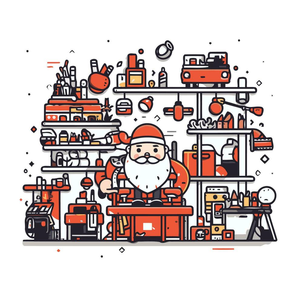 Santa Claus working in the repair shop. Vector line art illustration.