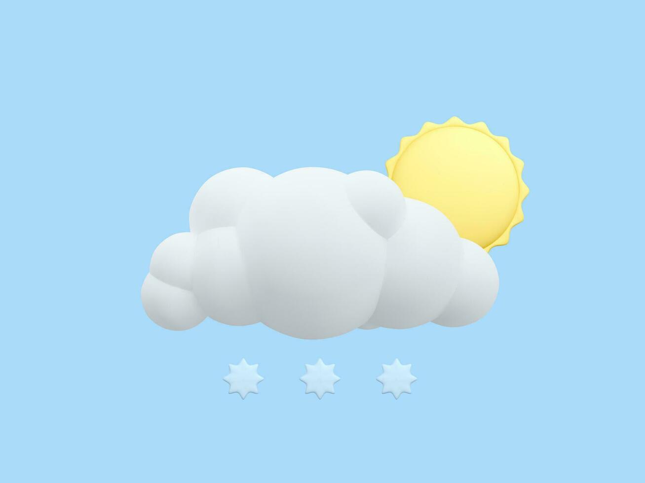 3d realistic cloud and sun with snowflakes in cartoon style isolated on blue background. Weather forecast icon. Vector illustration