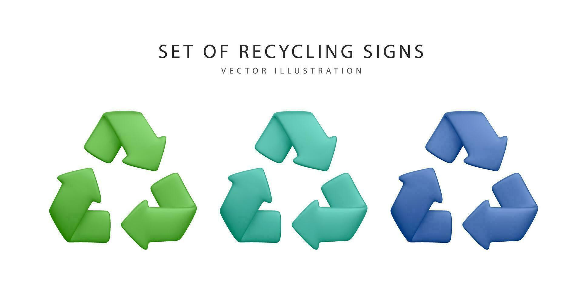 Set of 3d realistic recycling signs isolated on white background. Vector illustration