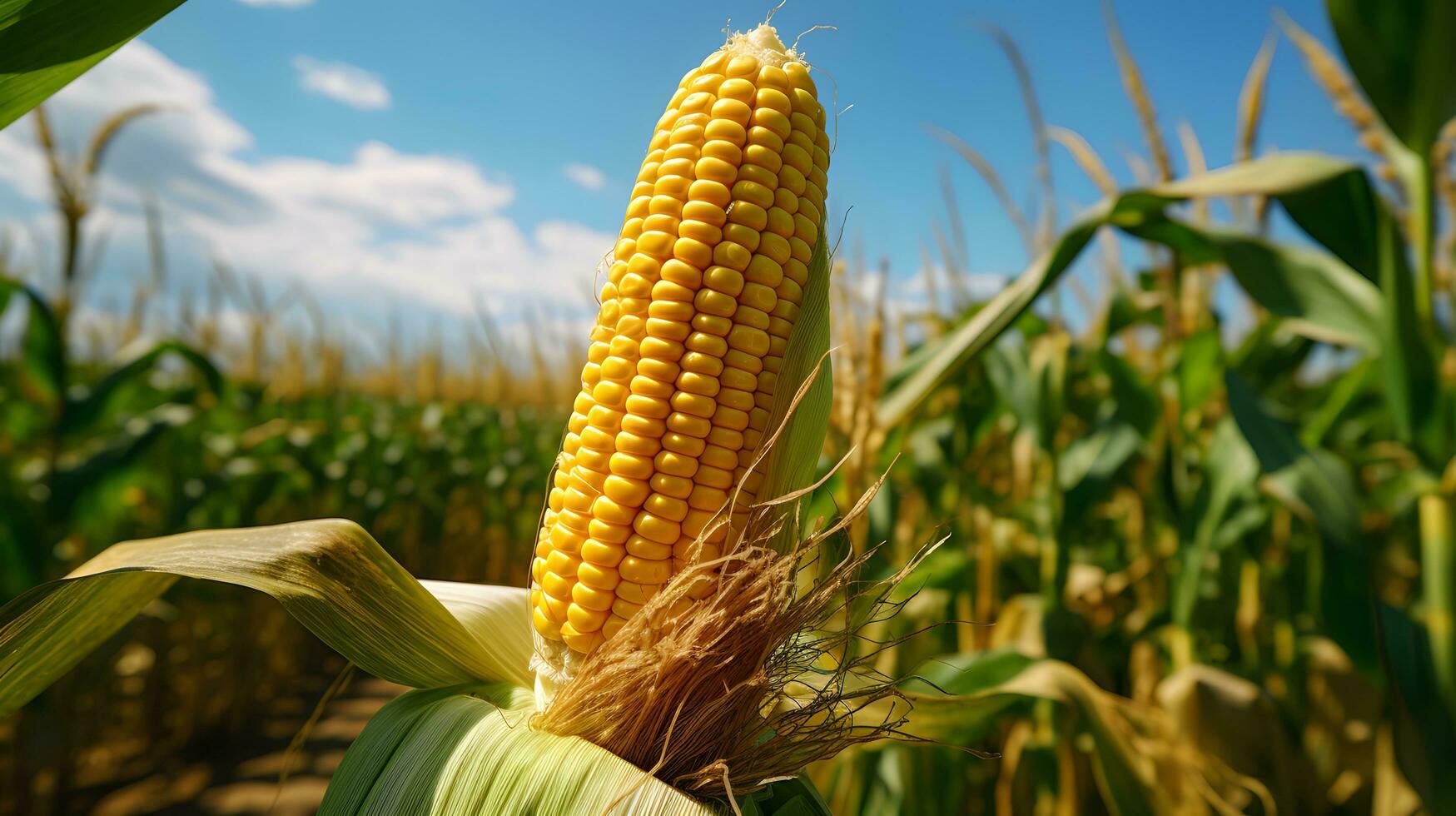 Close-Up of a Yellow Corn Cob with Kernels, Green Leaves in a Corn Field under Blue Sky photo