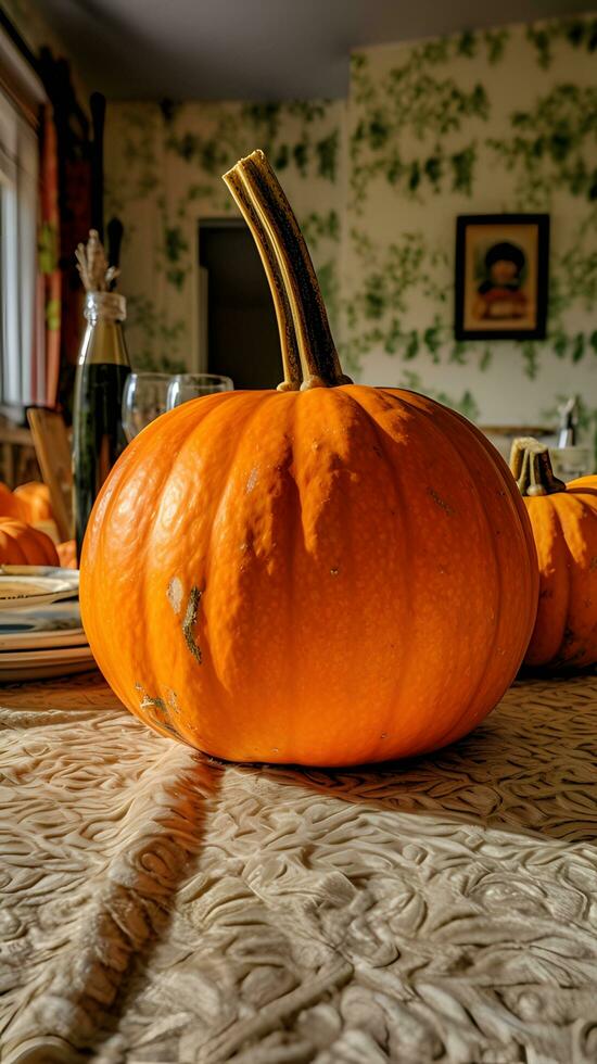 grande naranja calabaza, blanco Manteles, otoño decoraciones foto