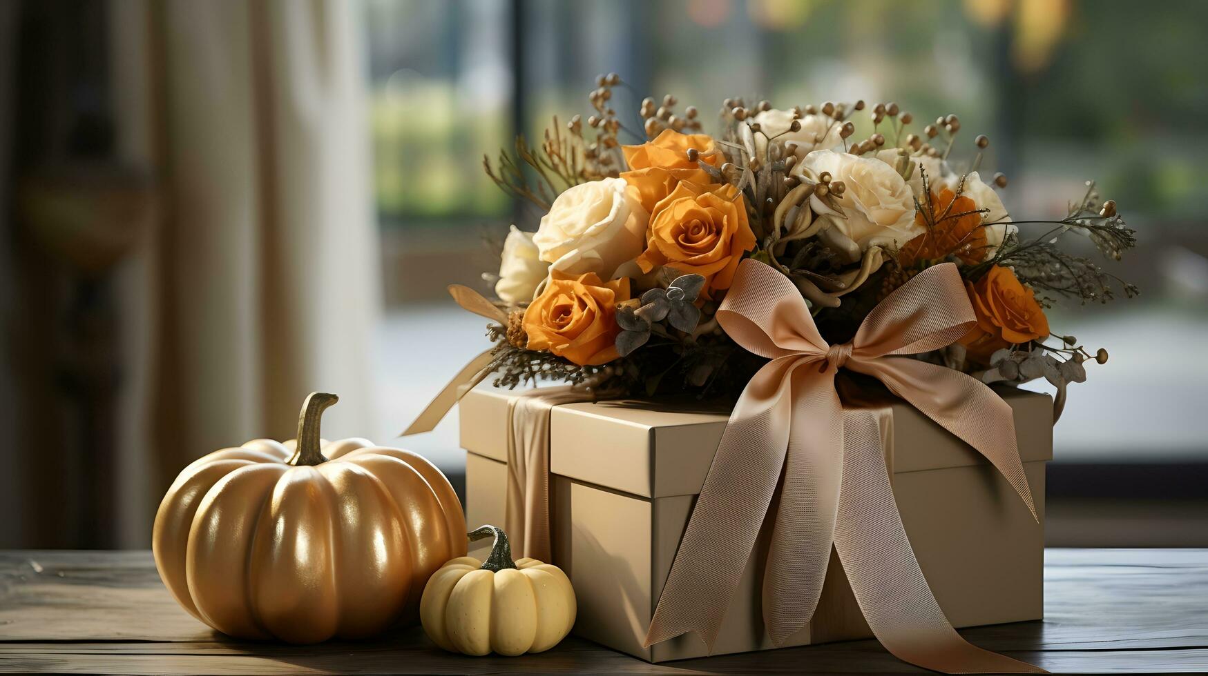 Beige Gift Box with Peach Ribbon, Orange and White Rose Floral Arrangement photo