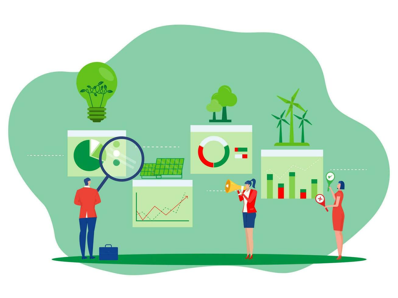 Business eco principles with sustainable stock market Environmental investment evaluation with renewable resources consumption Green finance and impact investing for sustainable vector illustration.