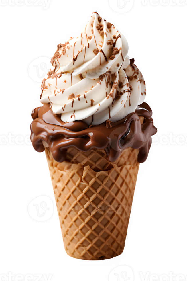 Chocolate ice cream ,Chocolate flavored ice cream in a waffle cone isolated on transparent background ,generative ai png