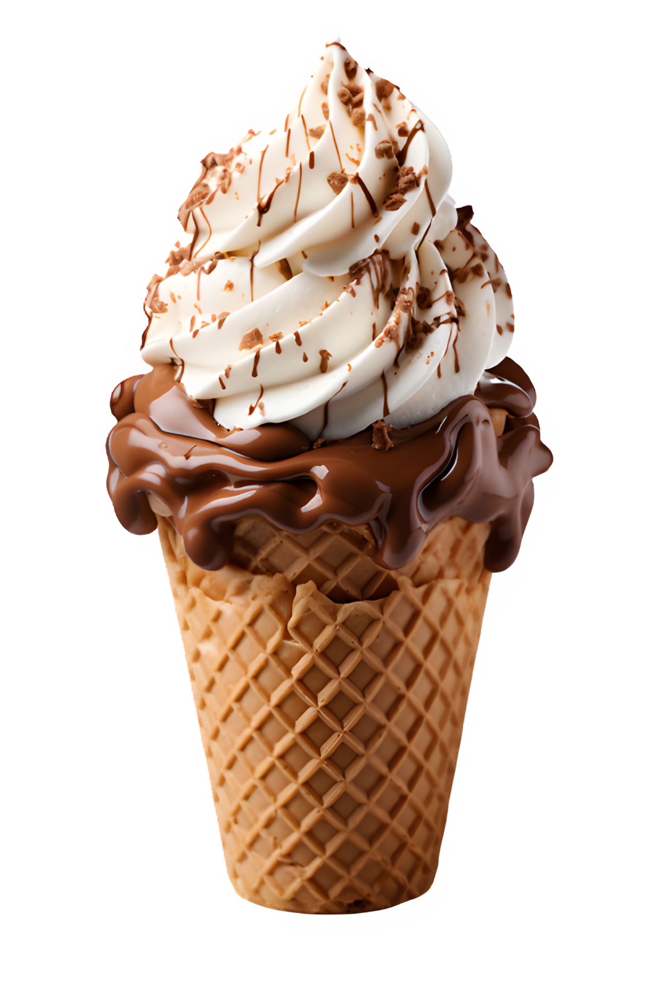 Chocolate ice cream ,Chocolate flavored ice cream in a waffle cone isolated on transparent