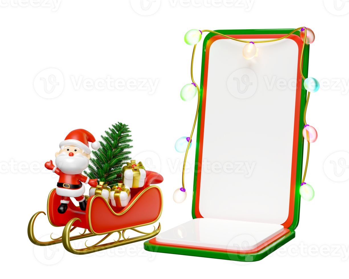 3d Santa claus with sleigh, smartphone, hat, holly berry leaves, glass transparent lamp garlands, gift box, party banner. merry christmas and happy new year, online shopping, 3d render illustration png