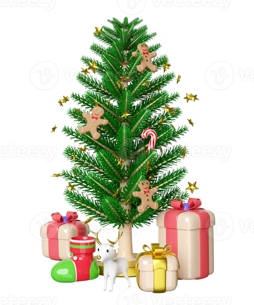 Natale albero con decorazioni, Pan di zenzero uomo, caramella canna, regalo scatola, cervo, calzino. allegro Natale e contento nuovo anno, 3d rendere illustrazione png