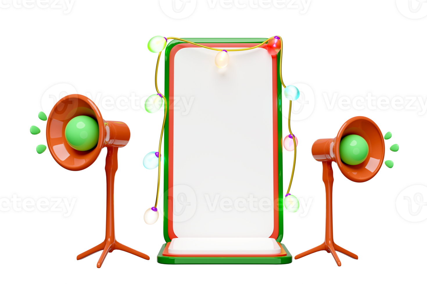 3d móvil teléfono, teléfono inteligente con vaso transparente lámpara, megáfono, fiesta bandera, anunciar promoción noticias. alegre Navidad y contento nuevo año, en línea compras, 3d hacer ilustración png