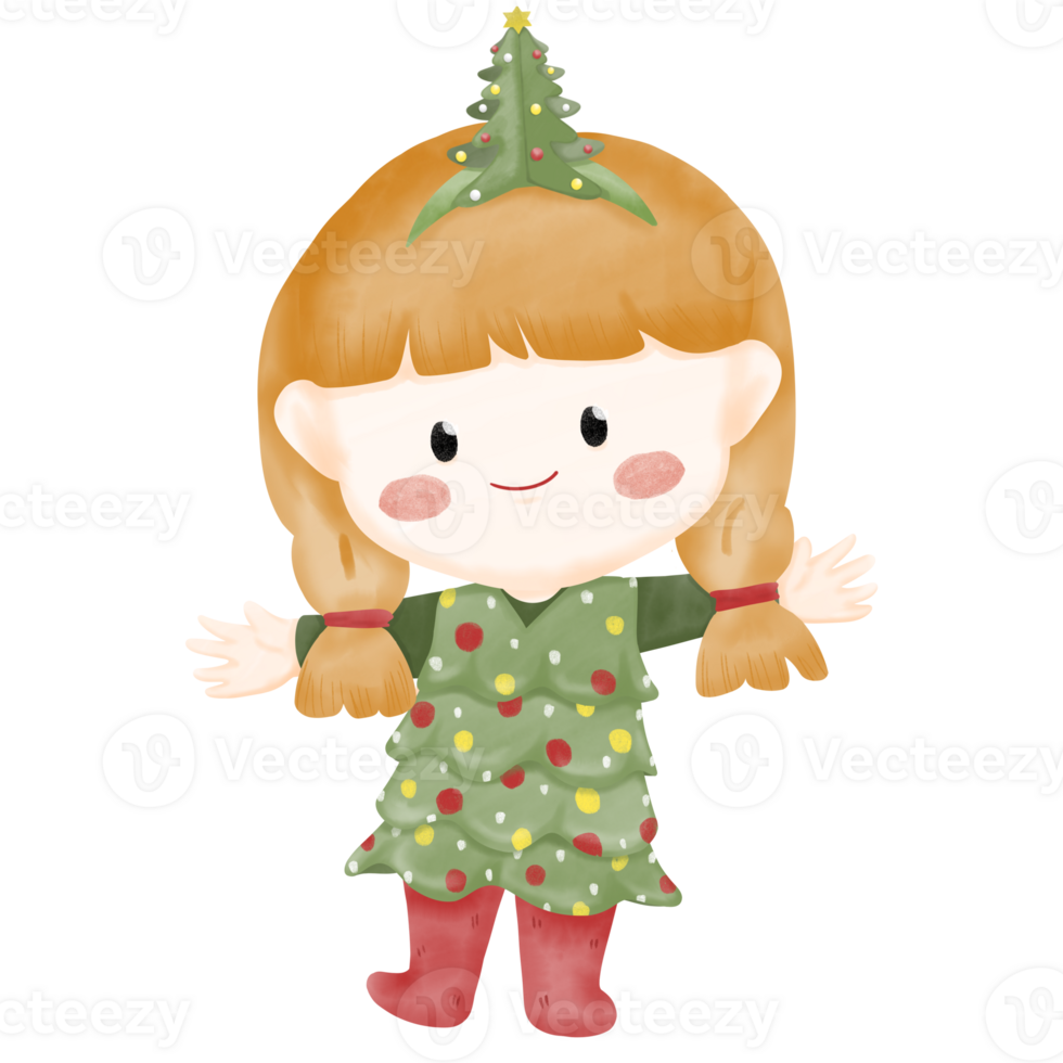 Little girl in green dress With Christmas tree headband png