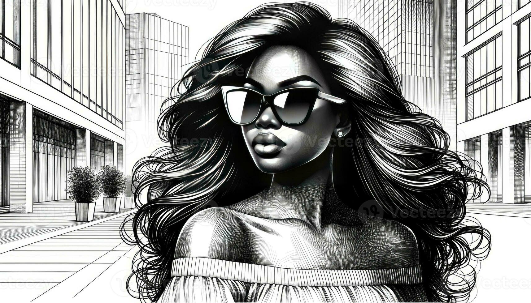 Crisp drawing of a lady with African descent, donning oversized sunglasses, her hair flowing gracefully, and her posture exuding confidence, set against a contemporary urban backdrop. AI Generative photo