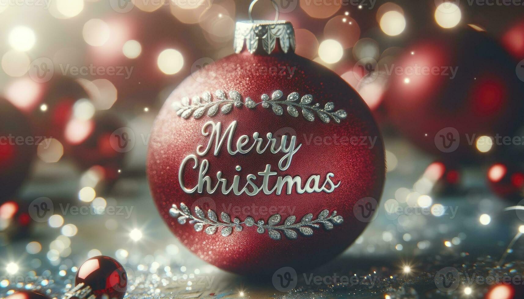 A close-up of a red Christmas ball ornament with the festive greeting inscribed in sparkling silver. AI Generative photo