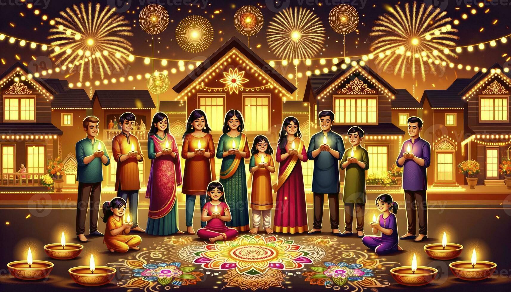 A festive scene with families lighting against a backdrop of decorated homes and fireworks. AI Generative photo