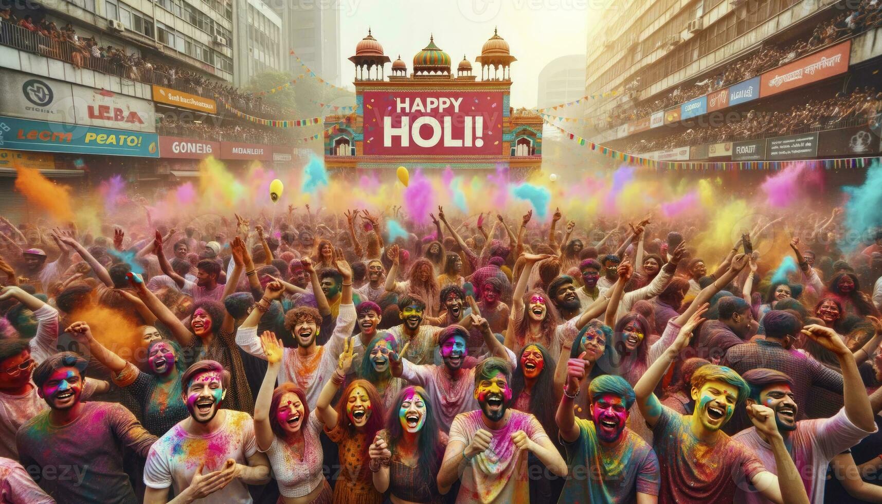 The essence of a bustling square where diverse groups of people joyfully engage in the Holi festivities, throwing colorful powders at each other. AI Generative photo