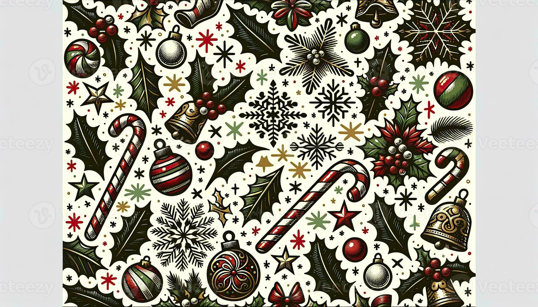 A classic pattern featuring hand-drawn illustrations of holly leaves, candy canes, snowflakes, bells, and stars in traditional festive colors. AI Generative photo