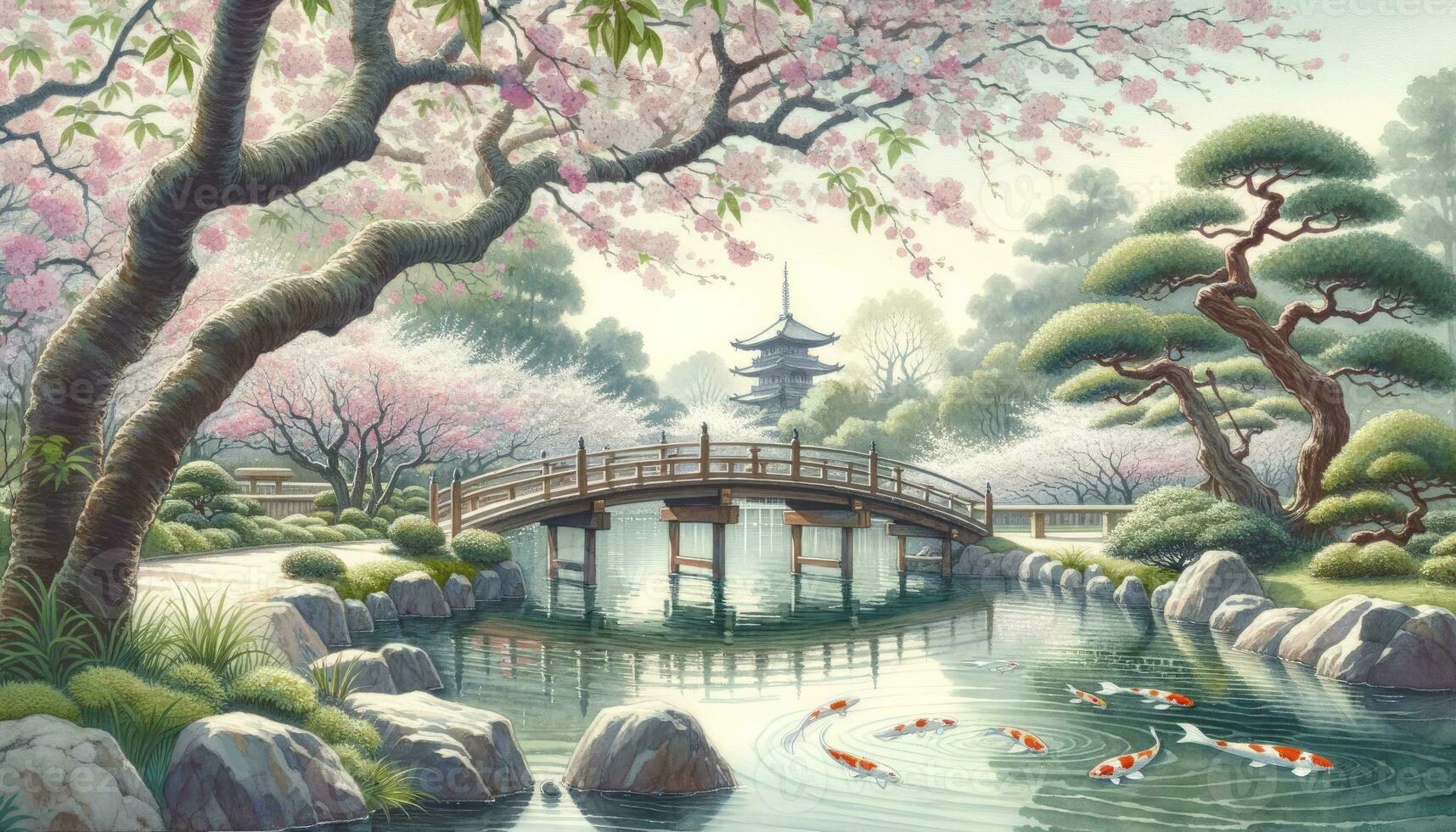 A serene Japanese garden in spring with cherry blossom trees, a tranquil pond, and a traditional pagoda. AI Generated photo