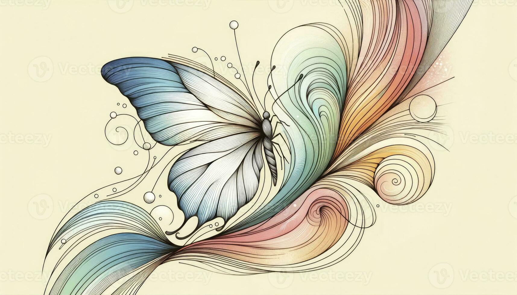 Drawing of a finely outlined butterfly soaring gracefully, intertwined with abstract pastel-colored shapes that bring a sense of movement and fluidity to the composition. AI Generative photo