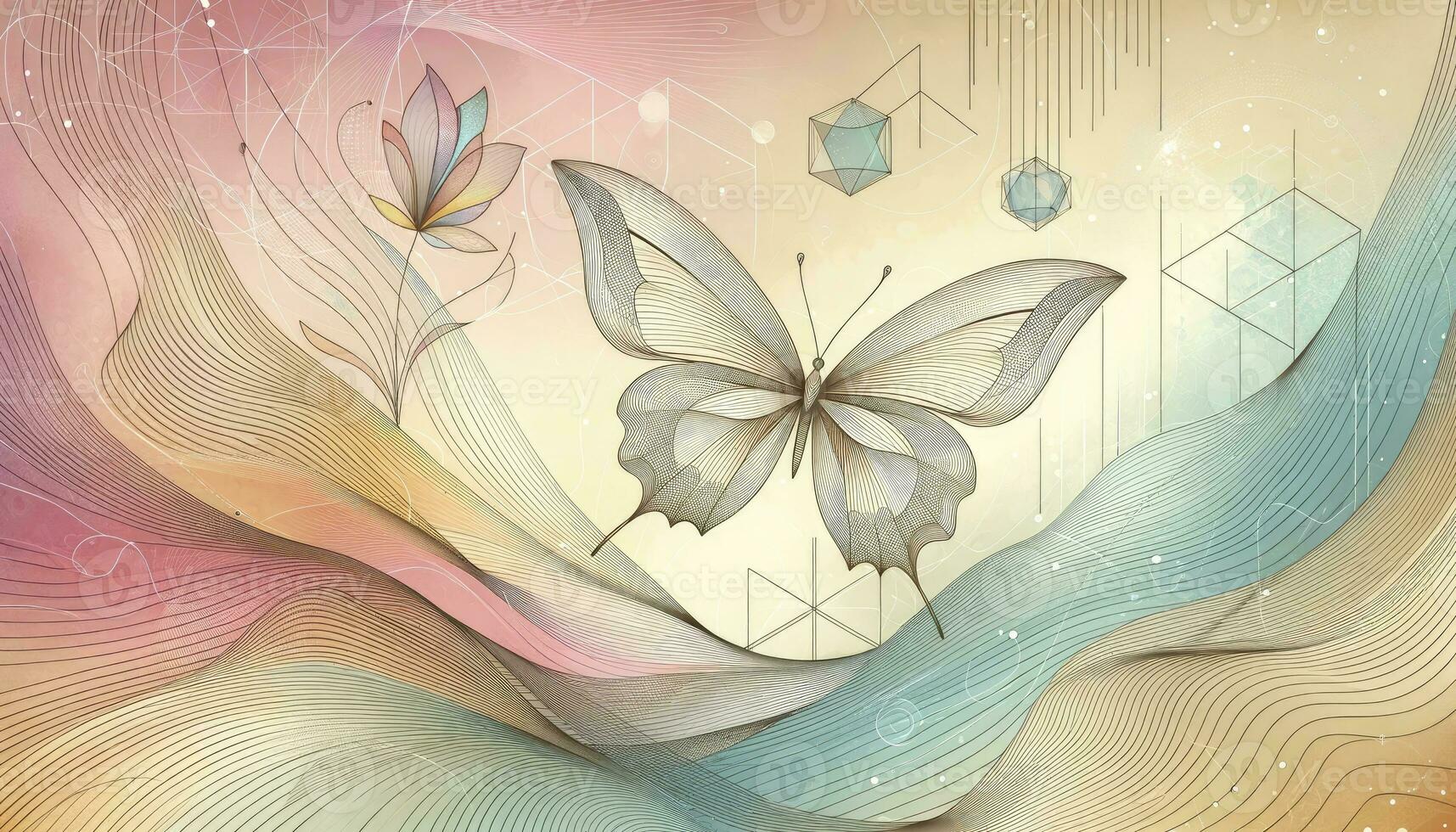 Illustration featuring a linear art butterfly in mid-flight, surrounded by abstract geometric shapes in soft pastel colors, creating a dreamy and ethereal atmosphere. AI Generative photo