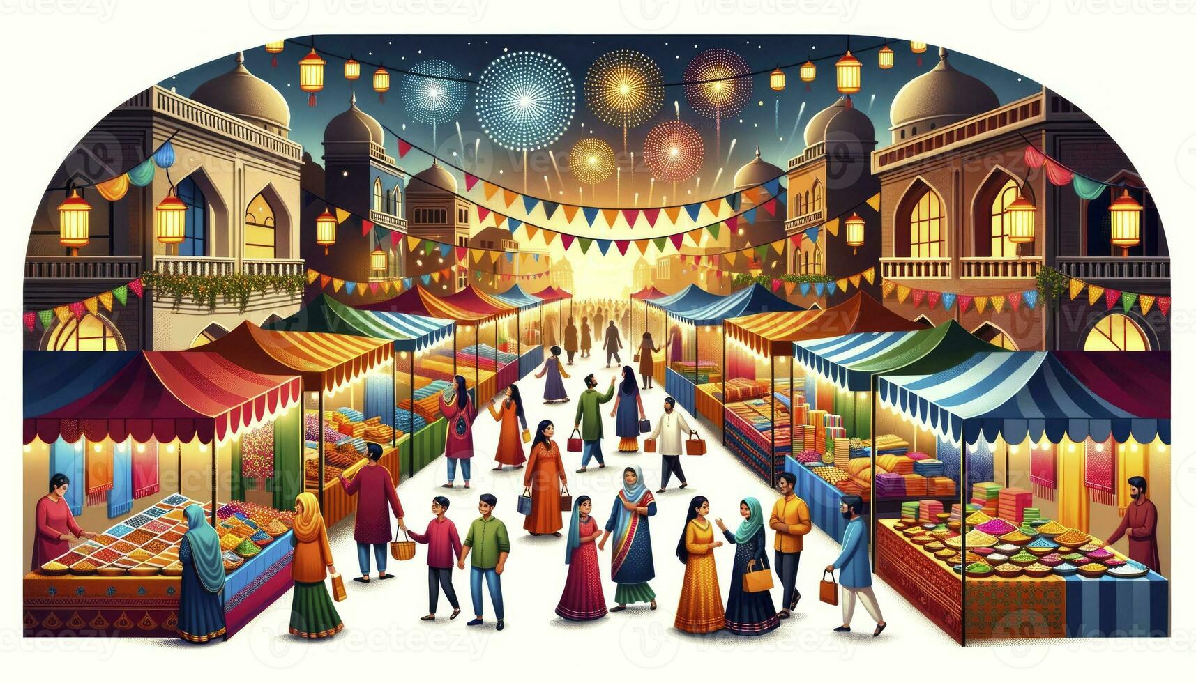 A bustling Diwali street market with stalls, shoppers, and a sky illuminated by fireworks. AI Generative photo