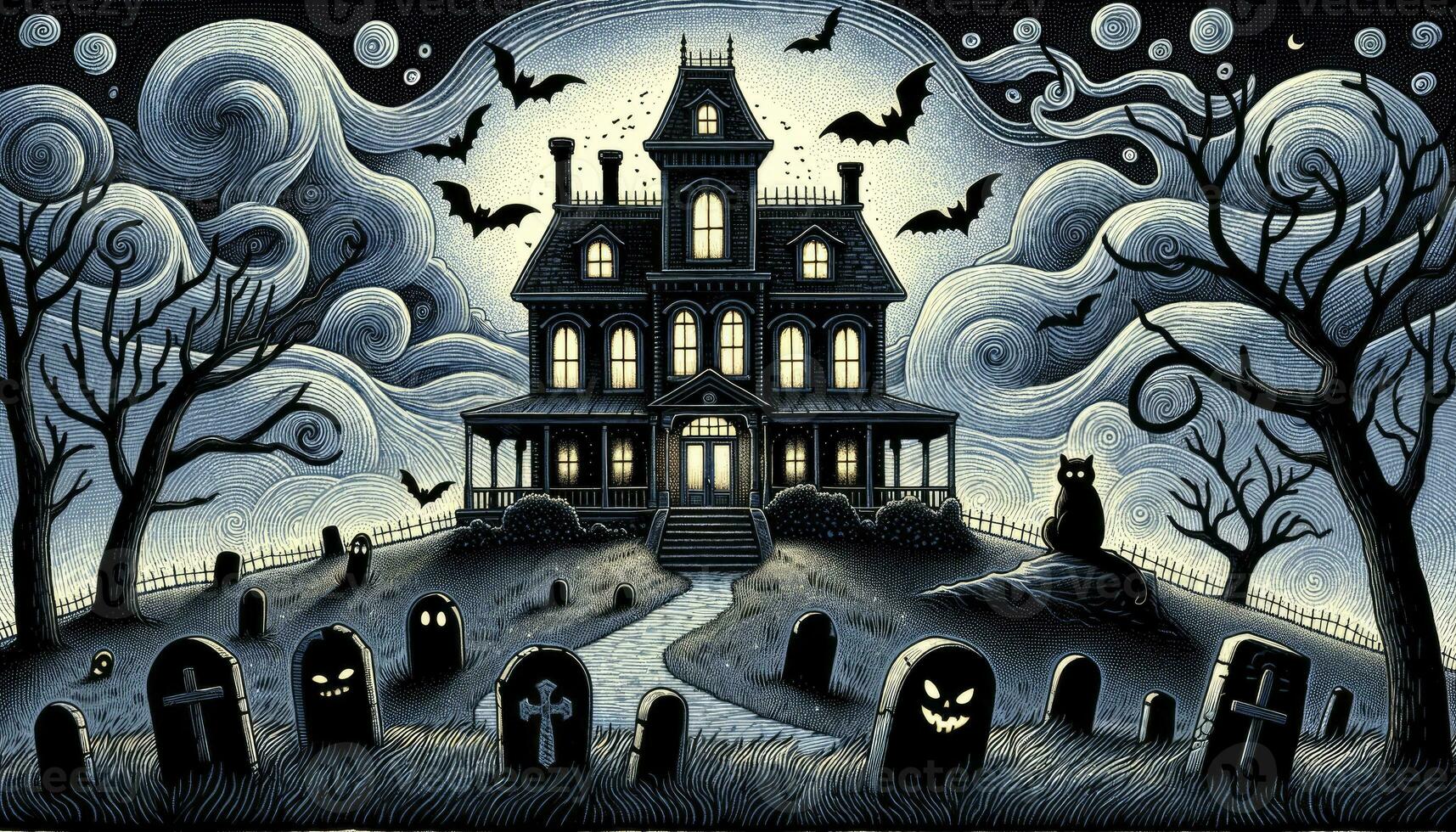 An old, abandoned mansion on a hill with a graveyard, ghostly apparitions, and a black cat. AI Generated photo