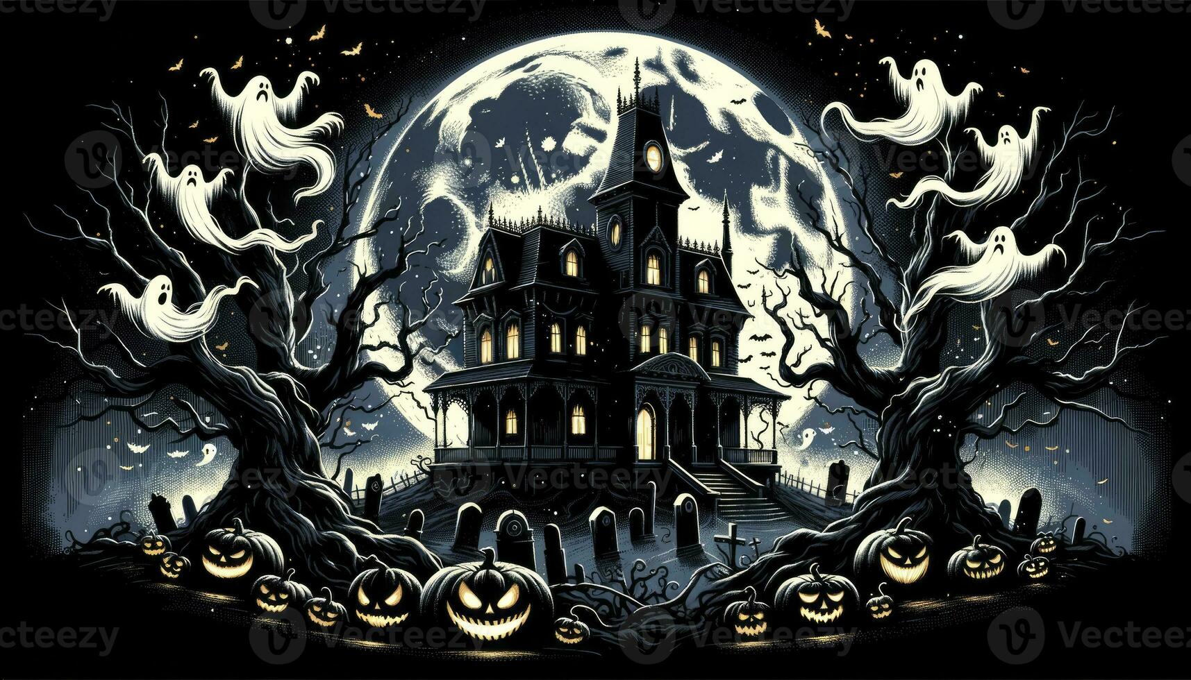 An illustration depicting a spooky Halloween night with a moonlit mansion, twisted trees, ghostly figures, and eerie-faced pumpkins. AI Generated photo