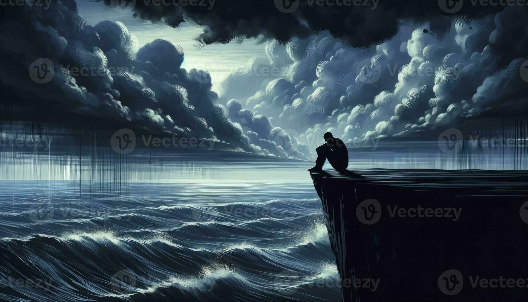 A figure sitting on the edge of a cliff, looking out over a vast, turbulent ocean under a stormy sky. The figure is in silhouette, conveying a sense of loneliness and introspection. AI Generated photo