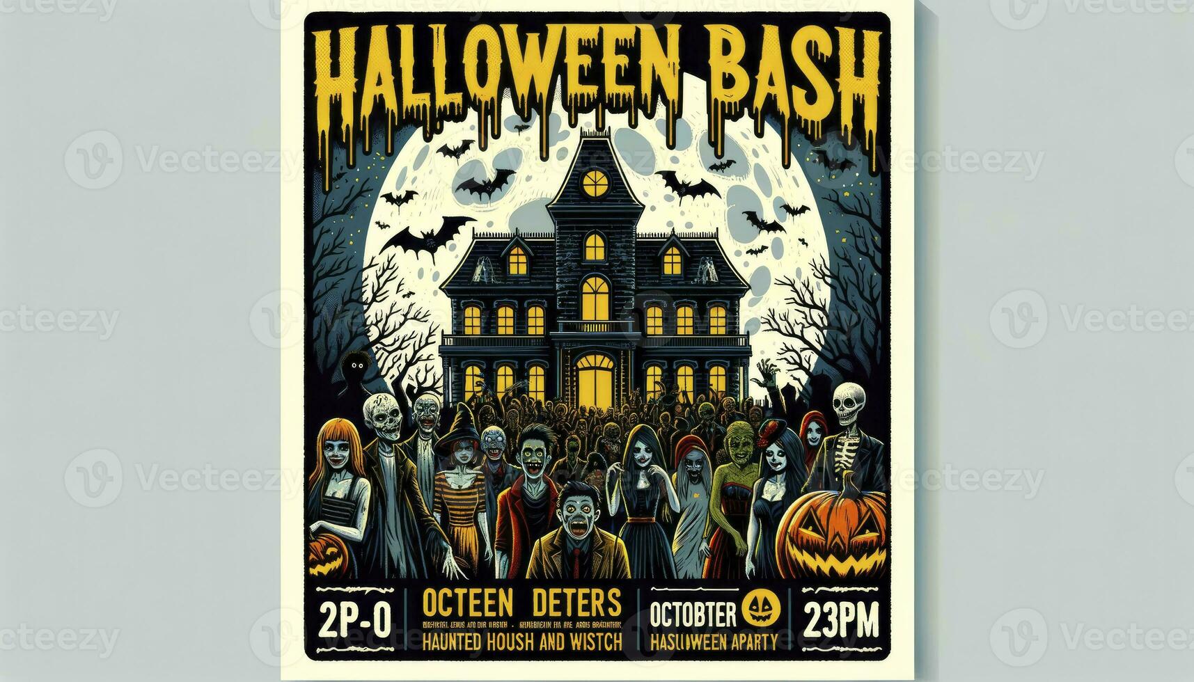 A poster for a Halloween Bash featuring a haunted house, full moon, and various spooky characters. AI Generated photo