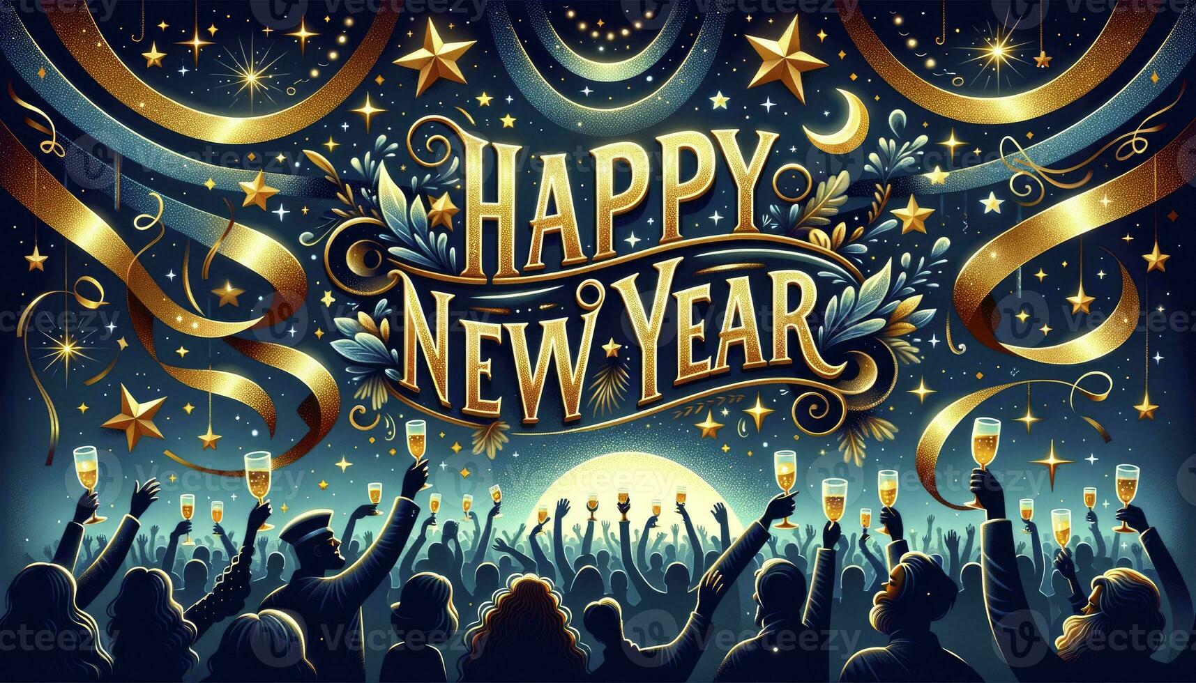 Happy New Year. A mesmerizing blend of midnight blues and starry silvers with golden text and streamers, where people are celebrating below. AI Generative photo