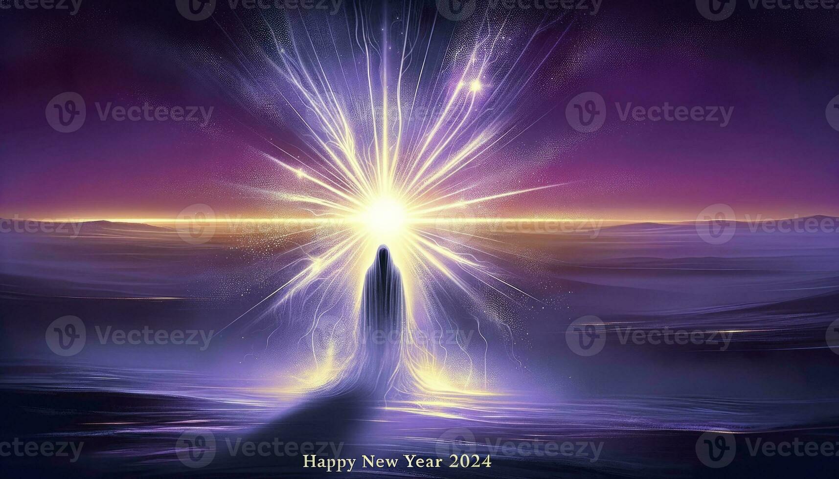 A ghostly figure, symbolizing depression, stands amidst a vast landscape. The message Happy New Year 2024 glows at the top, signifying hope. AI Generated photo