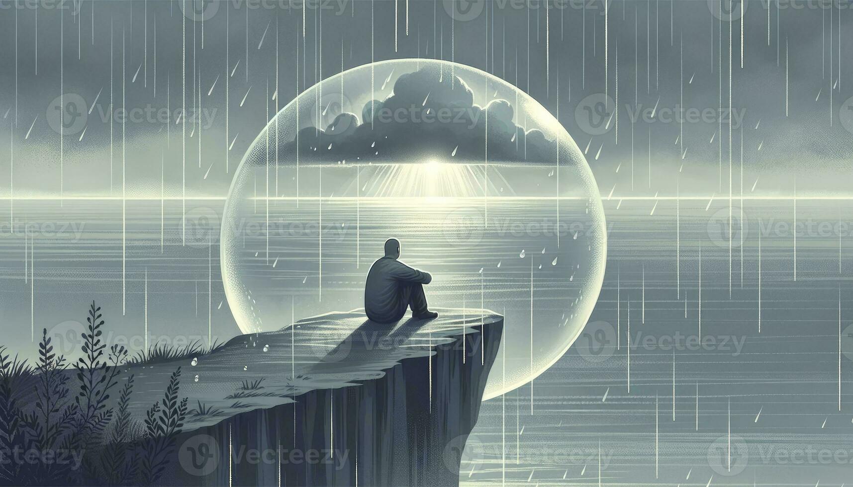 An illustration of a lone figure on a cliff, surrounded by symbolism that conveys feelings of isolation, with a hint of hope in the distance. AI Generated photo