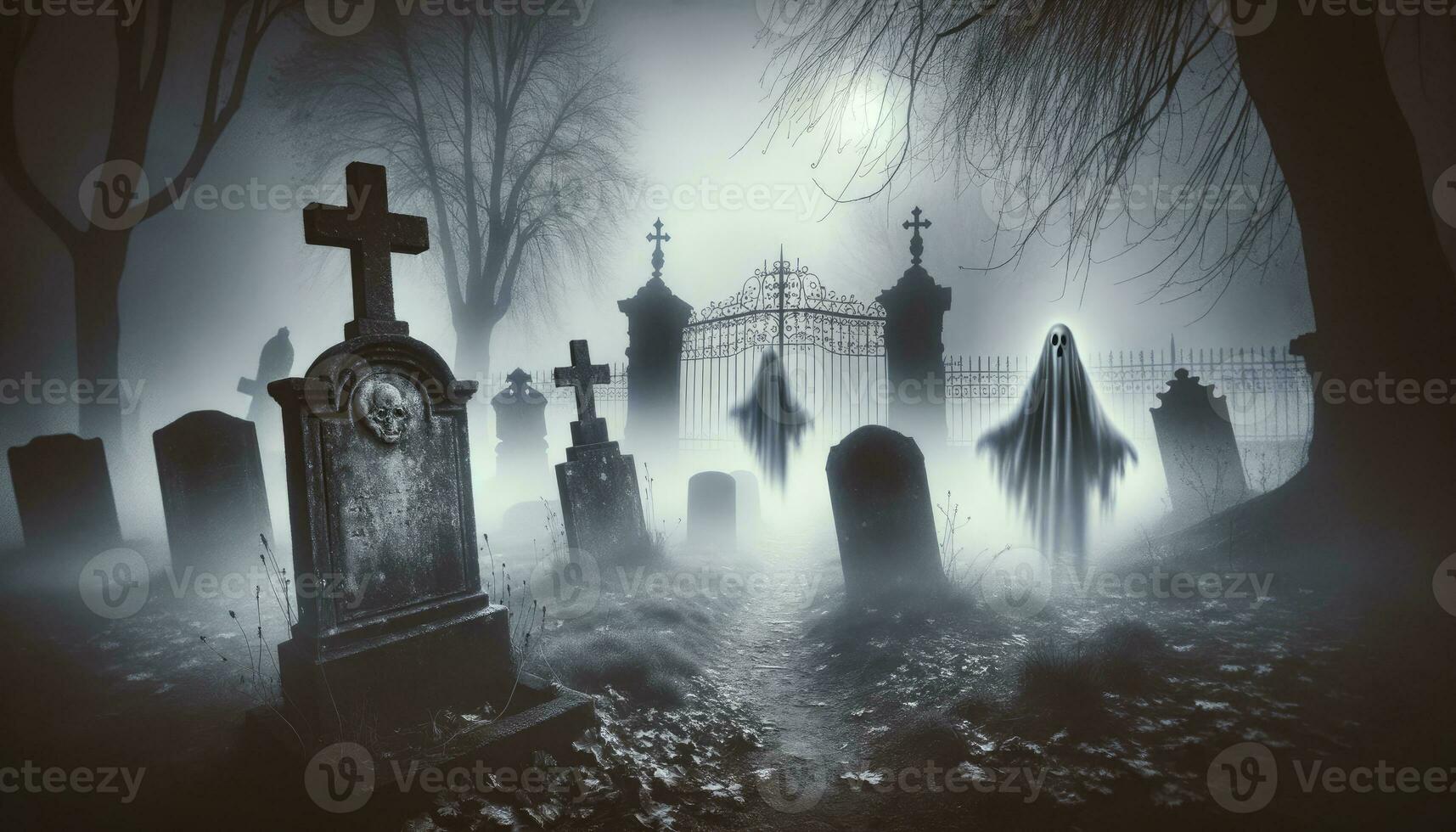 A photo-style image showcasing a fog-covered graveyard on Halloween, with old tombstones, a wrought-iron gate, and ghostly apparitions emerging from the fog. AI Generated photo