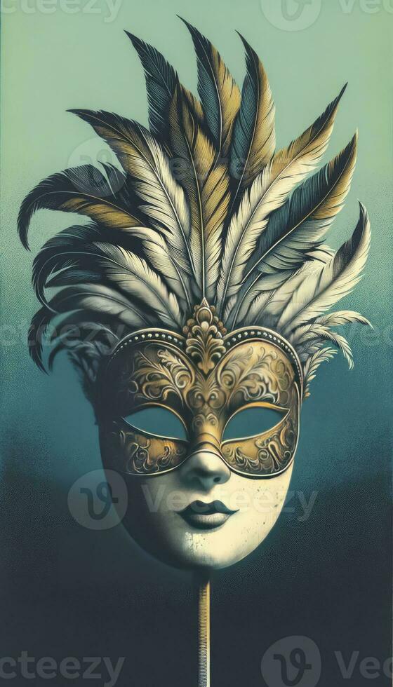 A Venetian mask with gold and silver patterns and feathers, set against a teal to deep blue gradient background, AI Generative photo