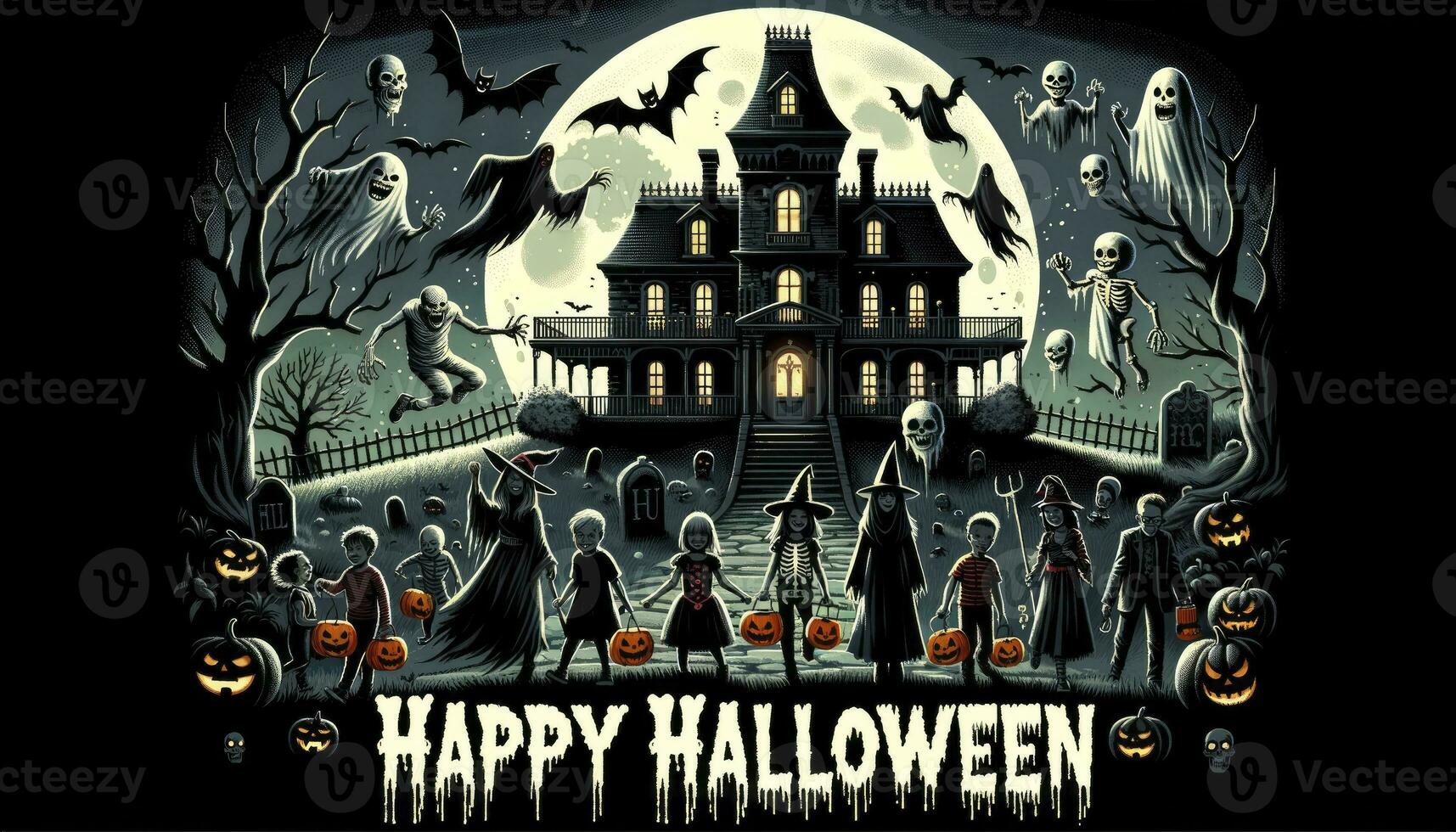 A haunted mansion on a hill with ghostly apparitions and children trick-or-treating in various costumes. The phrase Happy Halloween is prominently displayed. AI Generated photo