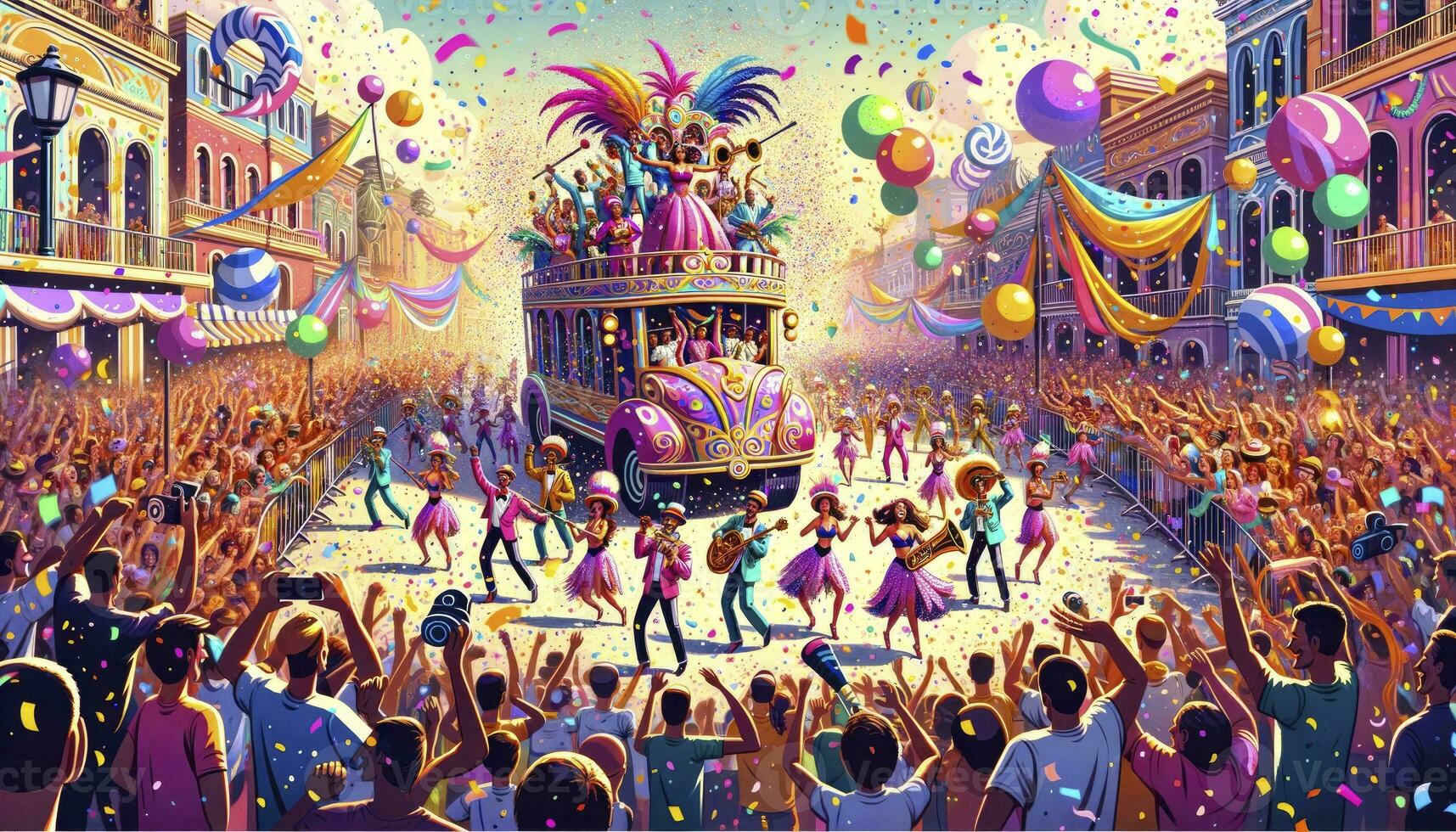 A vibrant carnival parade with confetti swirling in the air, large floats, musicians, and performers add to the festive ambiance. AI Generative photo