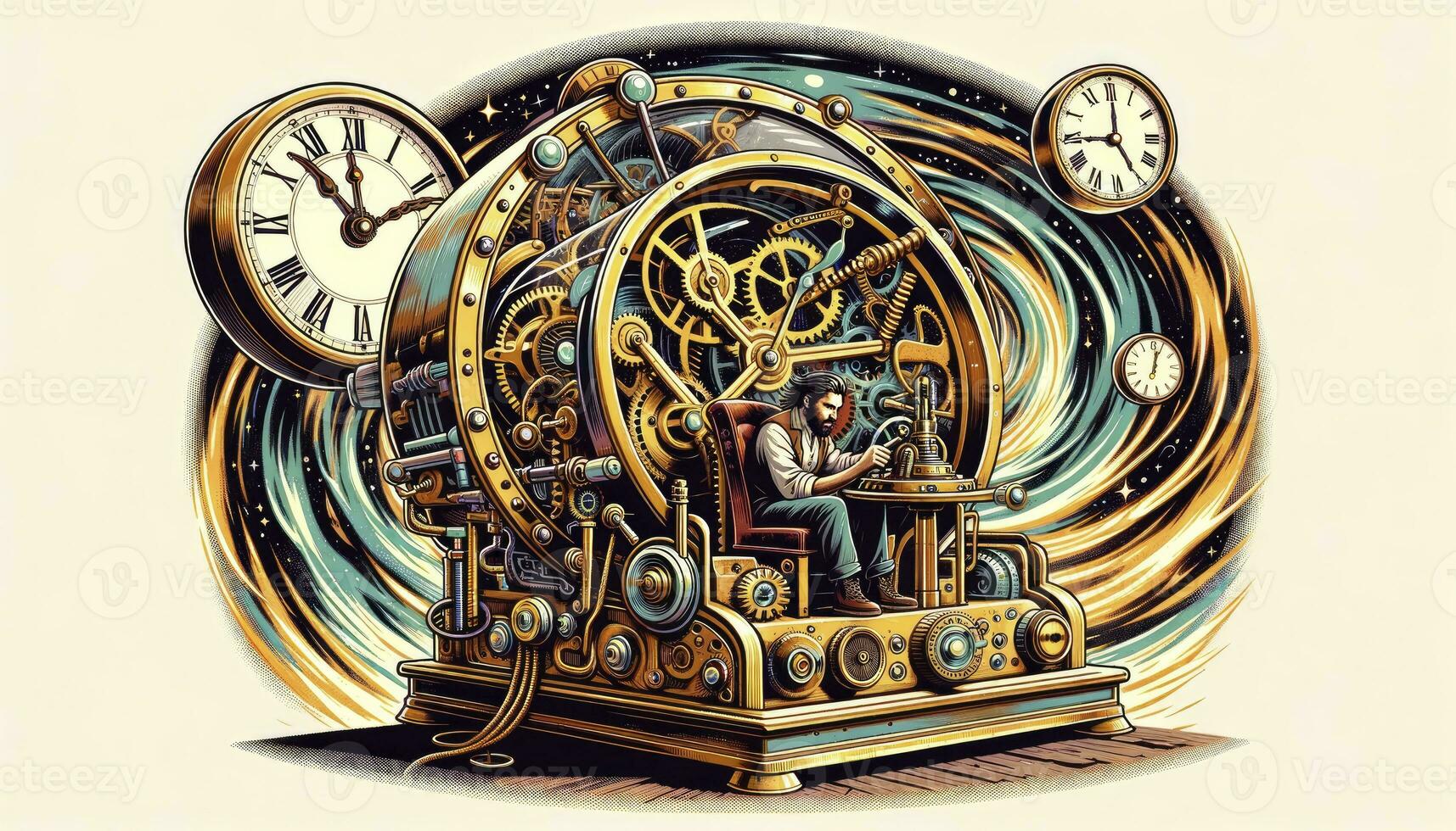 An illustration featuring a vintage-style time machine in a steampunk aesthetic with an adventurous traveler adjusting its controls amidst a time warp. AI Generated photo