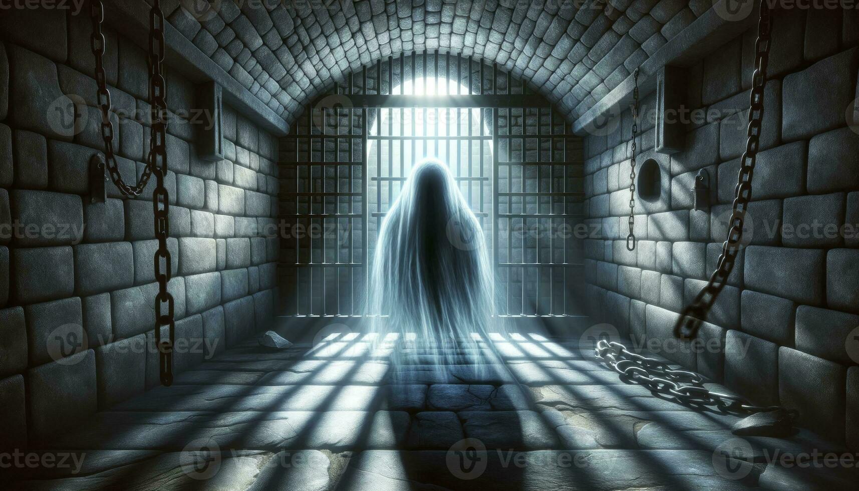 Showcasing a translucent ghostly figure representing depression, confined within the confines of an ancient prison. AI Generative photo