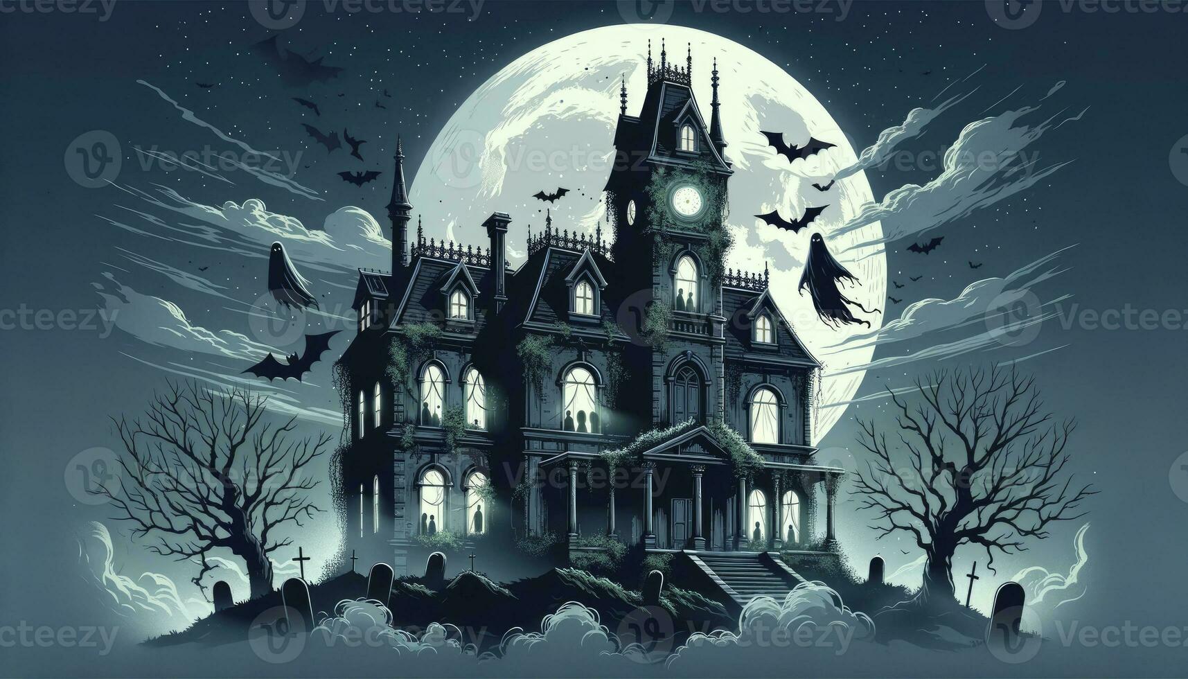 An eerie Gothic mansion on a hilltop with a full moon, bats, and ghostly figures. AI Generative photo