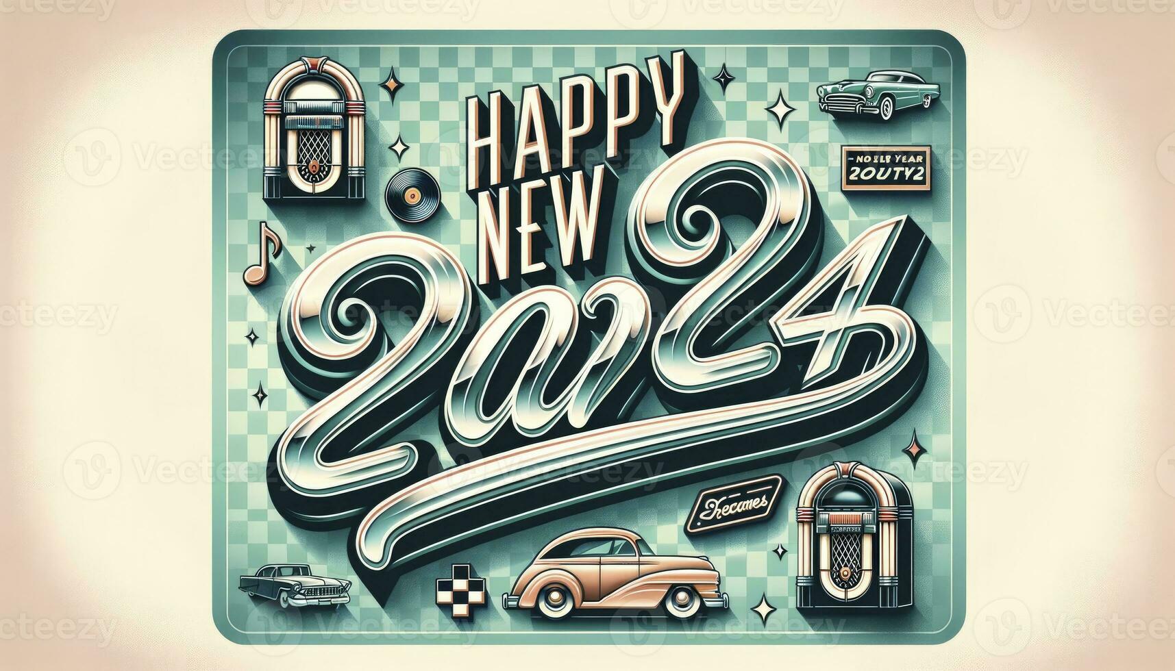 Happy New Year 2024. A design reminiscent of 50s diners and drive-ins with curvaceous letters, a classic checkered background, and iconic symbols from the era. AI Generative photo