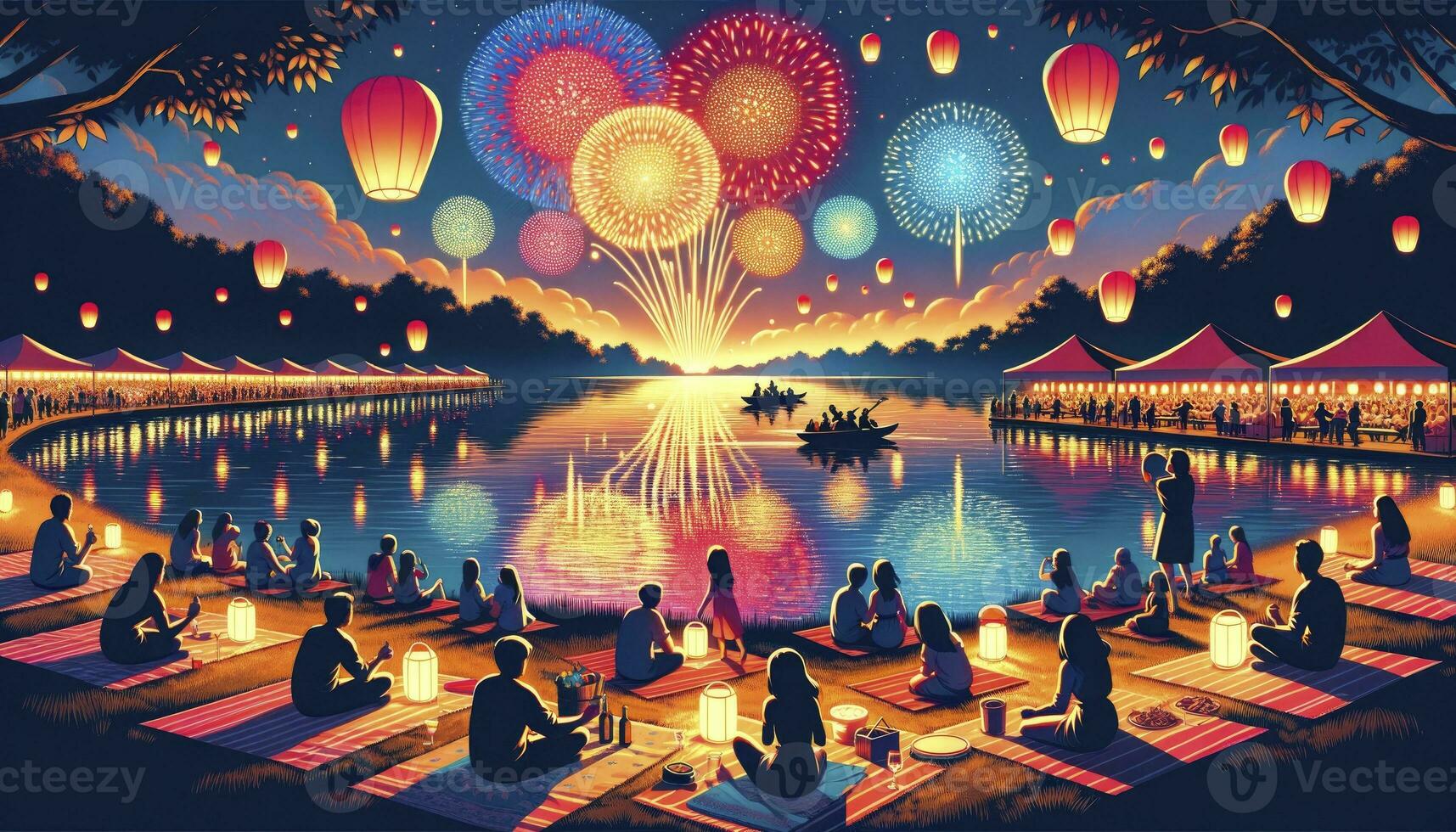 A serene lakeside setting during a fireworks festival with families and friends enjoying the mesmerizing display AI Generative photo