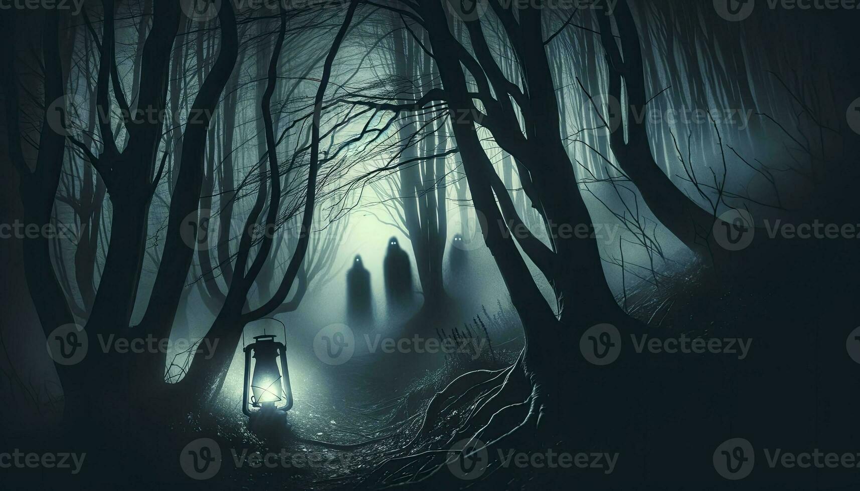 A photo-style depiction of a dark, foggy forest path with mysterious figures lurking in the mist, illuminated by a dim lantern. AI Generated photo