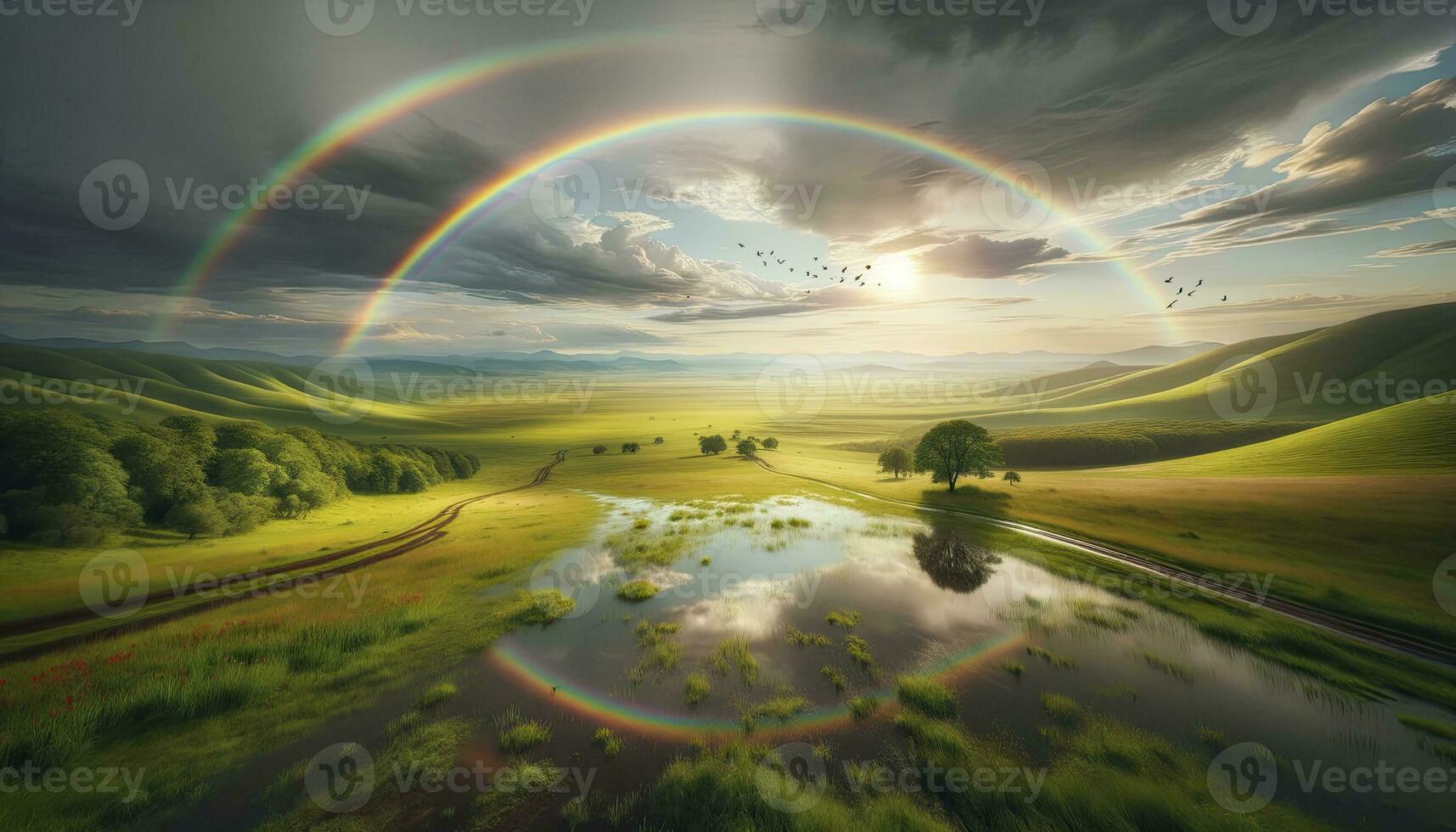 A serene landscape after a rain shower featuring a vibrant double rainbow, lush meadows, and distant hills. AI Generative photo