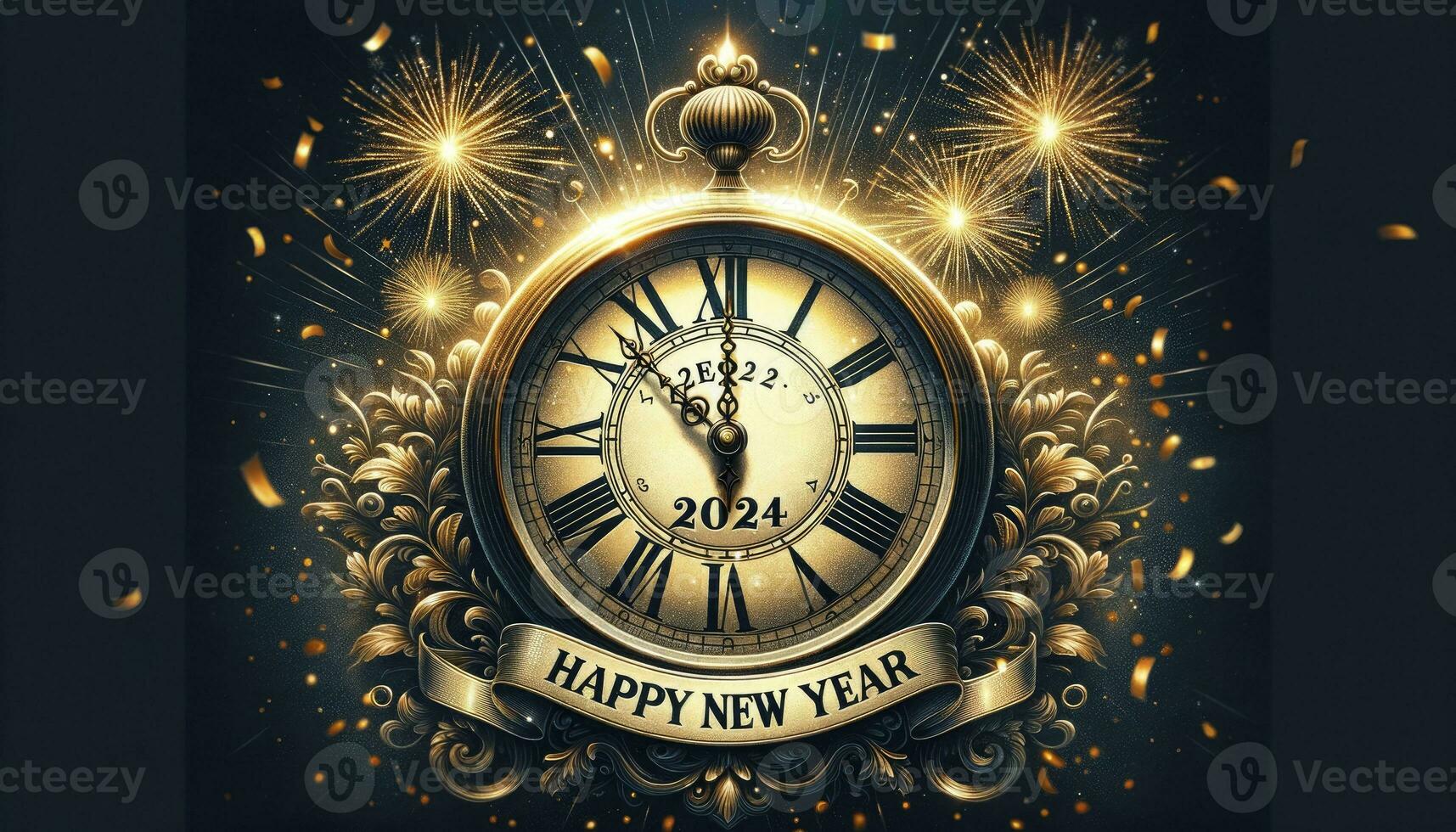 An elegant wall clock pointing to midnight with the inscription Happy New Year 2024, surrounded by radiant fireworks. AI Generated photo