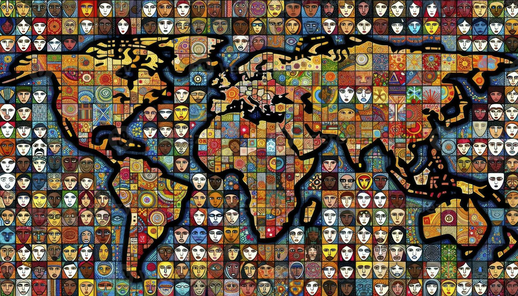 An illustration depicting a colorful mosaic that forms a world map, with each tile representing different faces and cultural symbols, emphasizing global unity and diversity. AI Generative photo