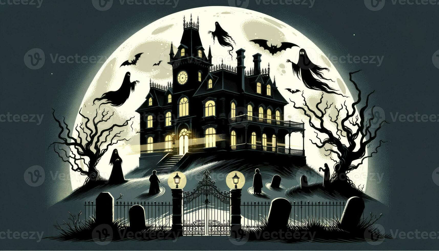 A grand mansion on a hilltop silhouetted against a full moon, with ghostly apparitions and an eerie glow from the windows. AI Generated photo