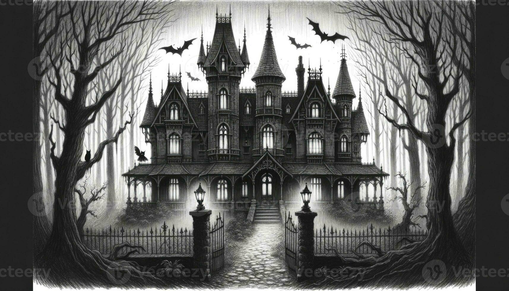 An old Victorian-style mansion deep within a fog-covered forest, with bats and an owl adding to the eerie ambiance. AI Generative photo