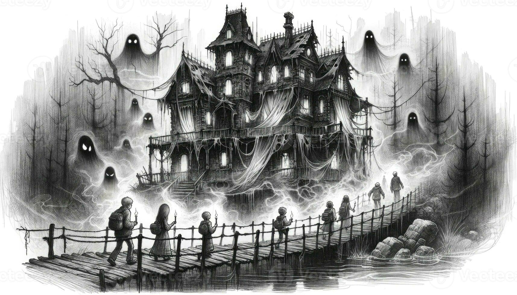 A decrepit mansion shrouded in mist, sinking into a swamp, with ghostly apparitions and travelers cautiously approaching. AI Generative photo