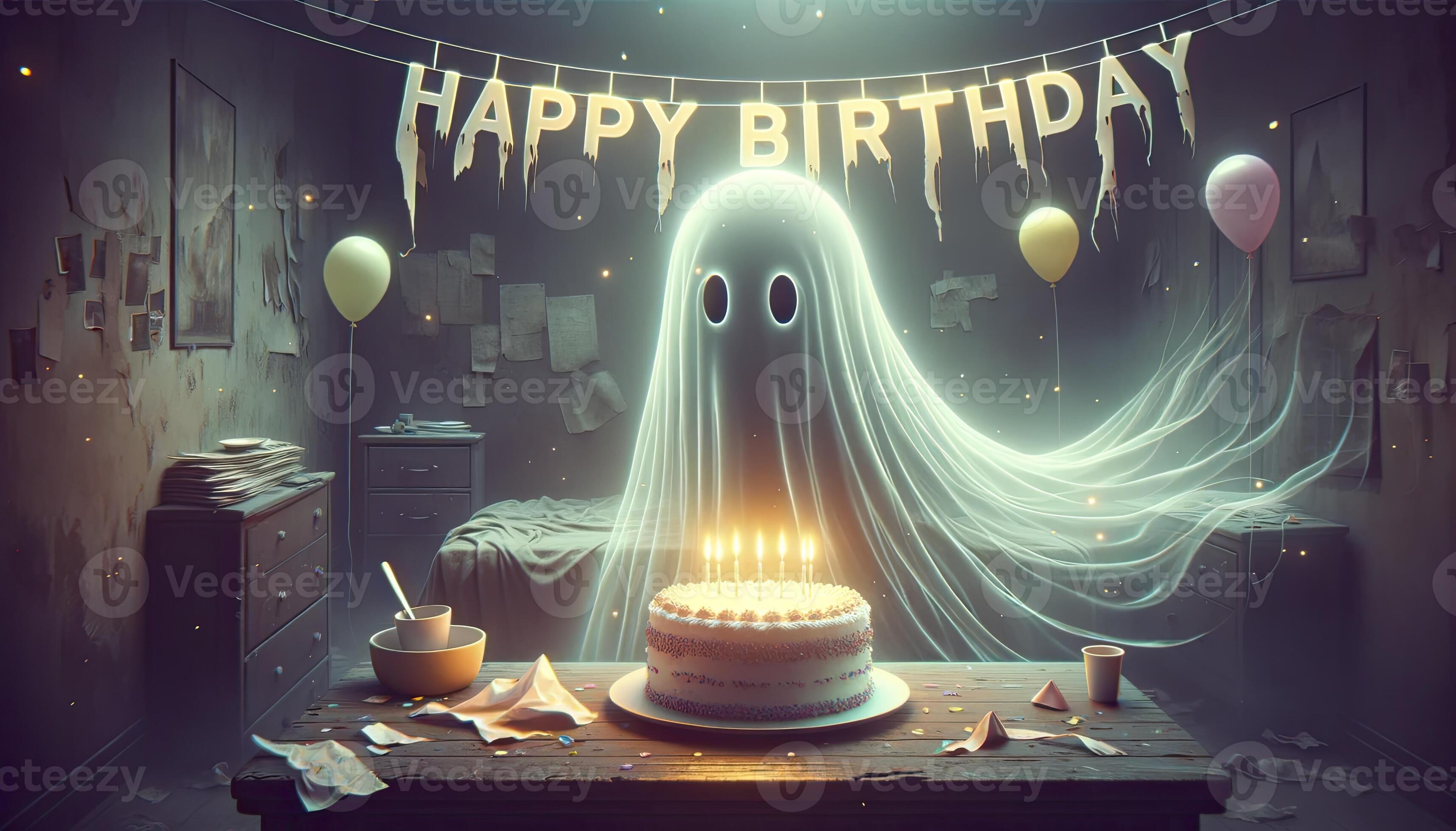 Depicts a semi-transparent ghost in a dimly lit room, holding a