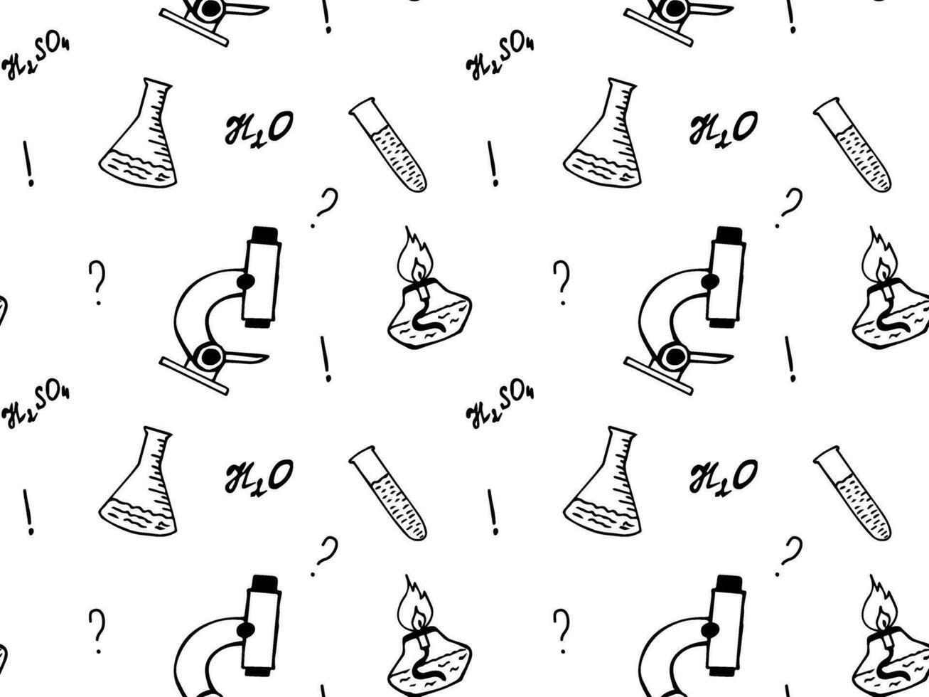 Seamless black and white doodle school pattern. Institute. Chemistry, formulas, flasks,test tubes vector