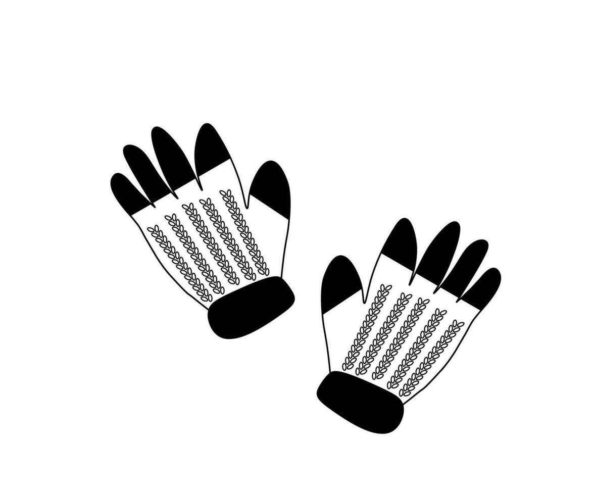 black and white warm gloves,mittens isolated on a white background. Doodle, one line vector